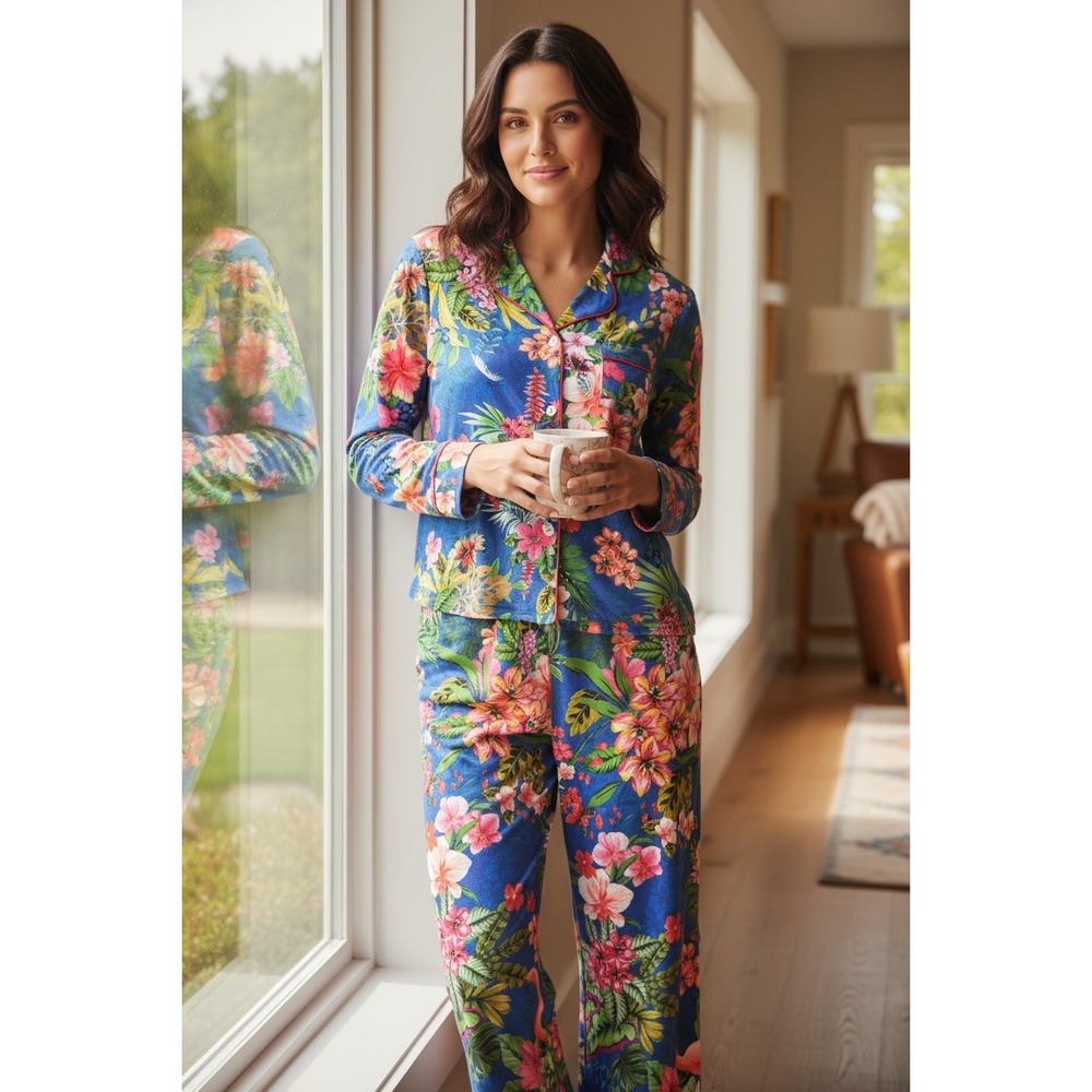 Johnny Was Women XL Tropical Floral Flamingo Pajama Set Blue Long Sleeve Knit PJ